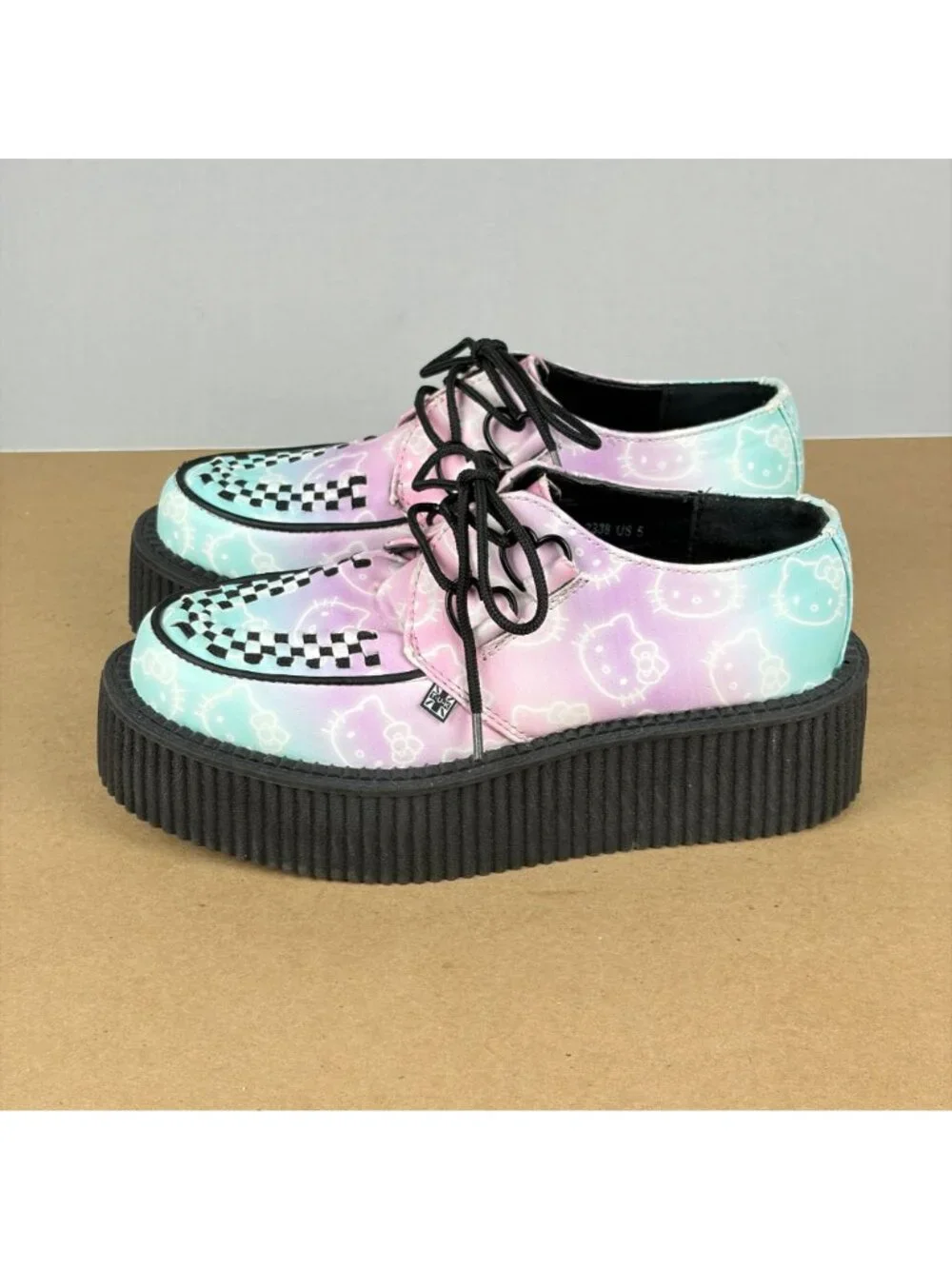 T.U.K. Hello Kitty Platform Creeper Womens 5 Blue Pink All Over Print Shoes